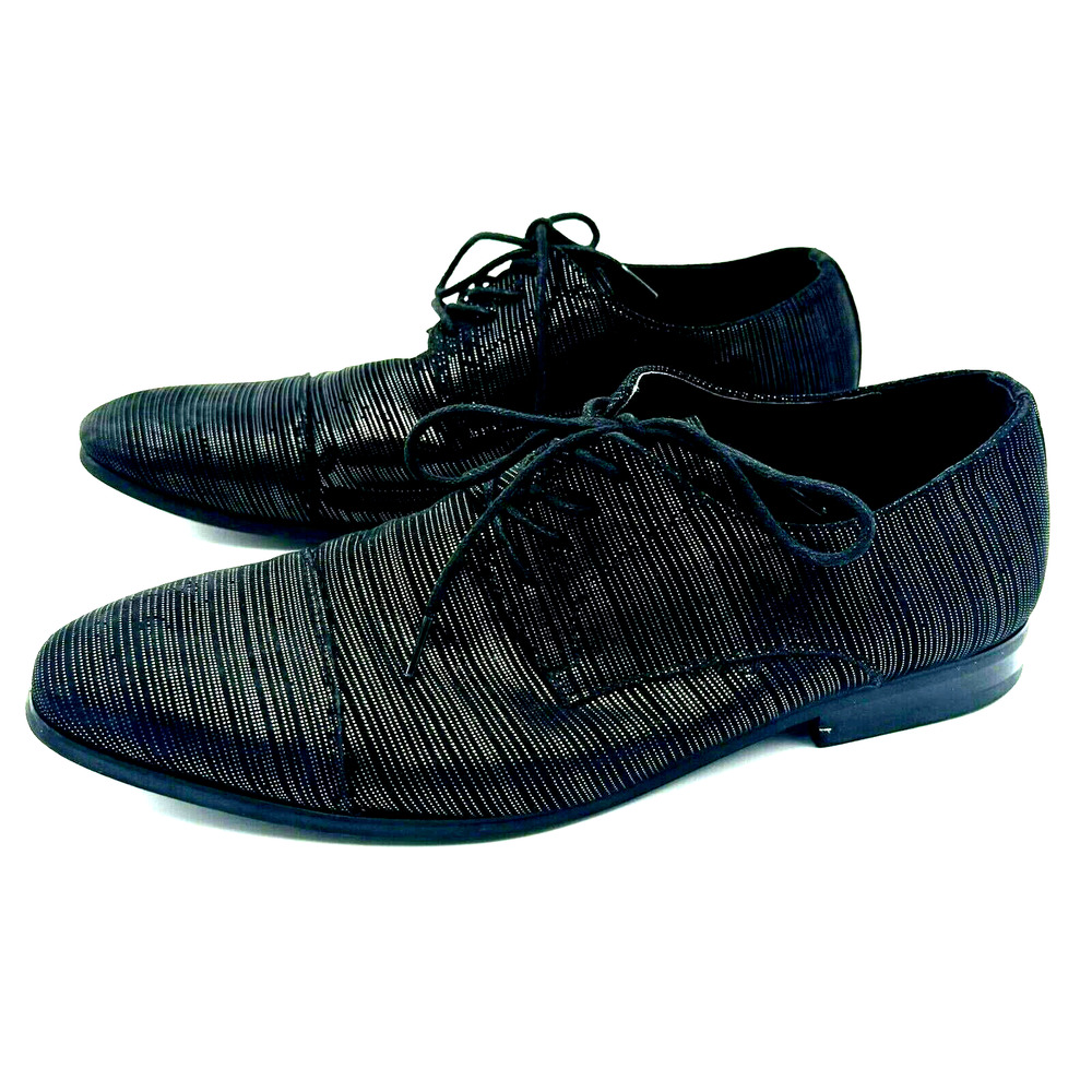 TALLIA Loafer Men's‎ 9 Danilo Cap Toe Lace-Up Black Silver Metallic Dress Shoe